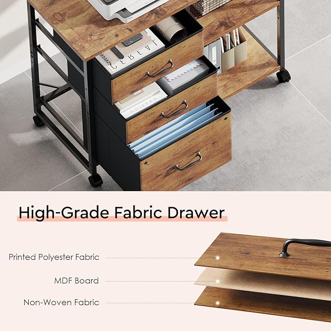 3 Drawer File Cabinet with Wheels Rolling Printer Stand with Open Storage Shelf Fabric Lateral Filing Cabinet for Home Office,Rustic Brown2