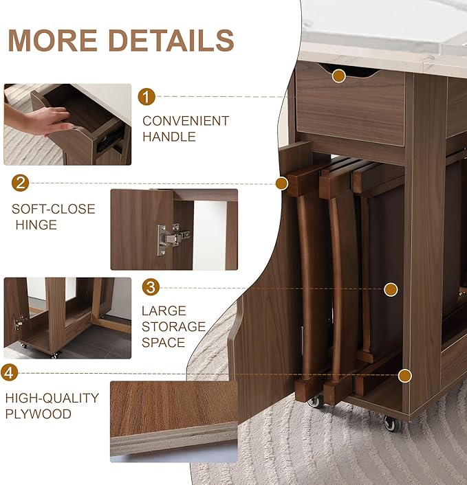 Foldable Space Saving Dining Table Extendable, Folding Dining Table with Storage and Wheels 2-Layers, Versatile Drop Leaf Table Modern for Living Room, Kitchen, RV Campers (Walnut)