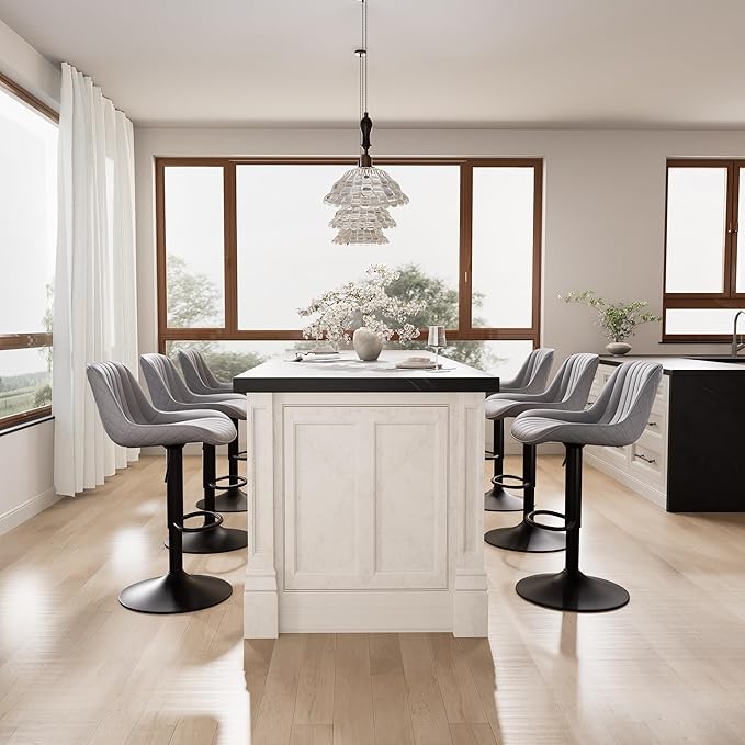 YOUNIKE Grey Bar Stools Set of 2 Kitchen Counter Height Barstools with Backs Modern Swivel Faux Leather Padded Bar Chairs Tall Adjustable Stools for Breakfast Island