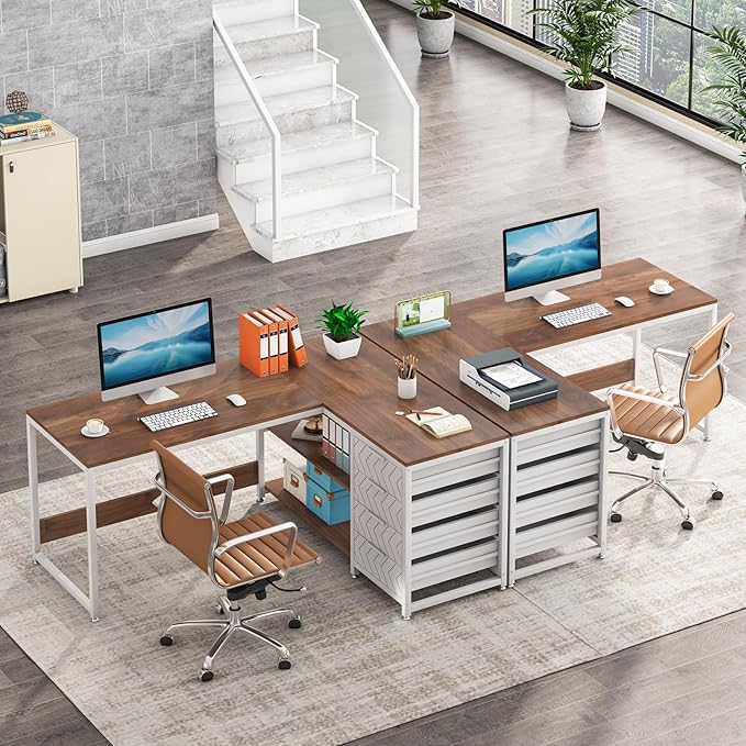 Tribesigns L Shaped Computer Desk with Storage Drawers, 59 inch Corner Desk with Shelves, Reversible L-Shaped Office Desk Study Writing Table Workstation for Home Office, Walnut & White