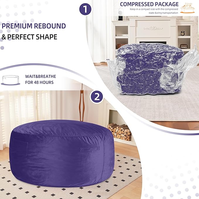 HABUTWAY Bean Bag Chair 3Ft Luxurious Velvet Ultra Soft Fur with High Rebound Memory Foam Bean Bag Chairs for Adults Plush Lazy Sofa with Fluffy Removable Sponge 3' (Purple)