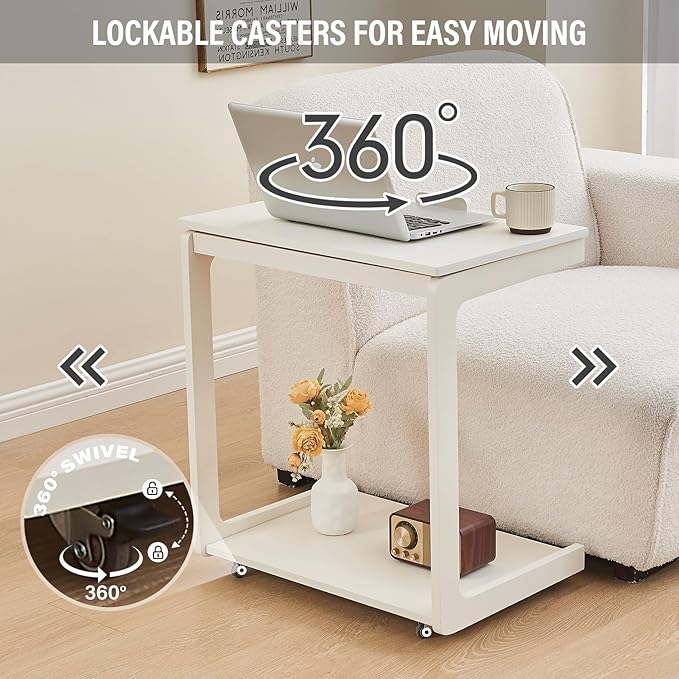 CozyDH Adjustable C Shaped End Table, Rolling Side Table Solid Wood TV Sofa Tray Table for Couch Arm Eating Multi-Purpose, Small Coffee Table with Wheels Living Room Bedroom, White