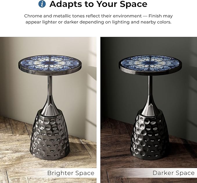 HOMES: Inside + Out Halric Modern 24" Tall Round End Table with Printed Tabletop and Iron Metal Base, Accent Furniture, Pedestal Stand for Living Room, Home Office, Black with Geometric Floral