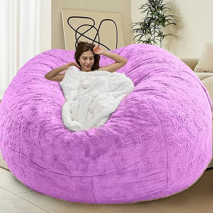 Bean Bag Chair for Adults Kids Without Filling Comfy Oversized Round Beanbag Chair for Stuffed Animal Storage Bedroom Living Room Chairs, 6FT, Purple