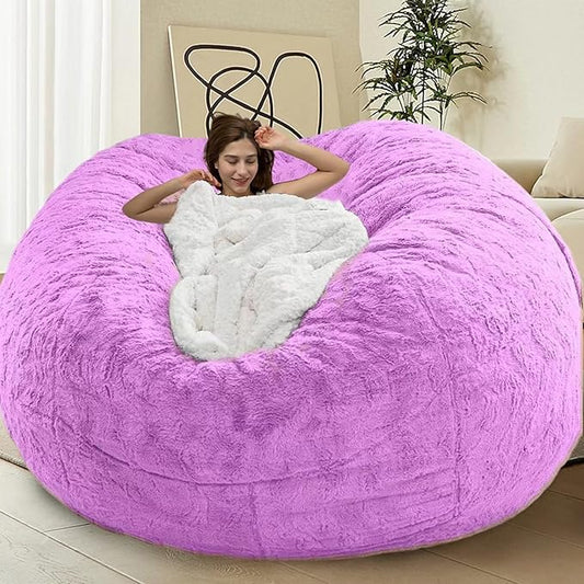 Bean Bag Chair Cover for Kids Adults Without Filling Comfy Giant Round Lazy Sofa Covers for Bedroom Living Room, 7FT, Purple