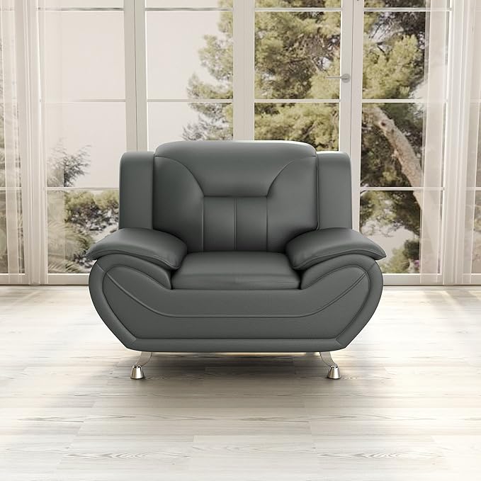 Container Furniture Direct Michael Modern Faux Leather Upholstered Stainless Steel Legs Living Room Sofa, Chair, Gray