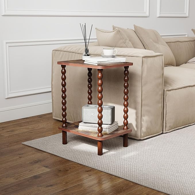 2-Tier End Table,Vintage Side Table,Solid Wood Bedside Table with Storage Rack,for Living Rooms, bedrooms, and Narrow Spaces (Rustic Brown)