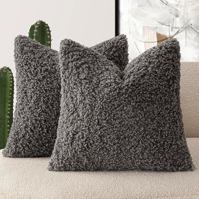 Foindtower 2 Pieces 22x22 Inch Dark Gray, Faux Fur Throw Pillow Cover Accent Sherpa Furry Pillow Covers Fuzzy Soft Pillowcases Cozy Sheepskin Decorative Fleece Cushion Case for Bed Couch Living Room
