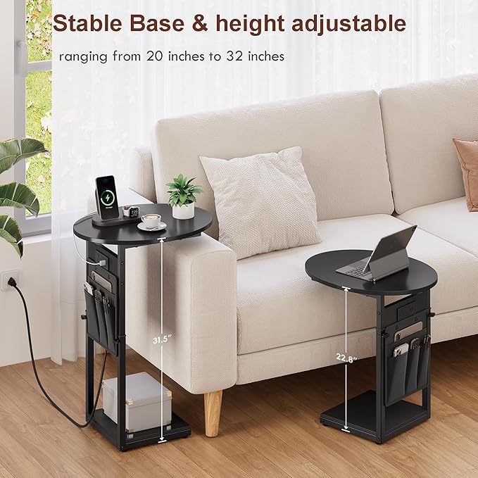 Vagusicc C Shaped End Table with Charging Station, 32" Tall Side Table for Couch and Recliner, Adjustable Height Small Couch Side Table Slide Under Sofa TV Tray Table for Living Room, Bedroom, Black