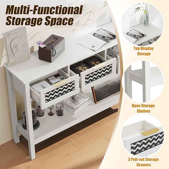 Entryway Table, Boho Console Table with 3 Storage Drawers and Storage Shelf, Sofa Table with Socket, for Entryway, Living Room, Behind Couch and Hallway (White)