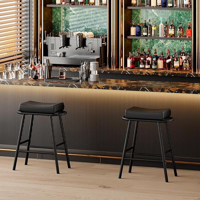 HOOBRO Bar Stools, Set of 2 Bar Chairs, 24” Barstools for Kitchen Counter, PU Upholstered Barstools, Kitchen Stools with Armrest and Footrests, Backless, for Kitchen, Dining Room, Black BB40MDP201