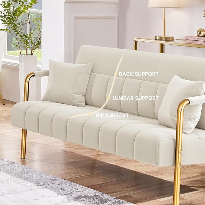 Yaheetech 56.5" W Modern Loveseat 2 Seater Sofa Luxurious Velvet Fabric Couch with Gold-Tone Metal Arms and Legs for Living Room, Home Office, Studio Beige