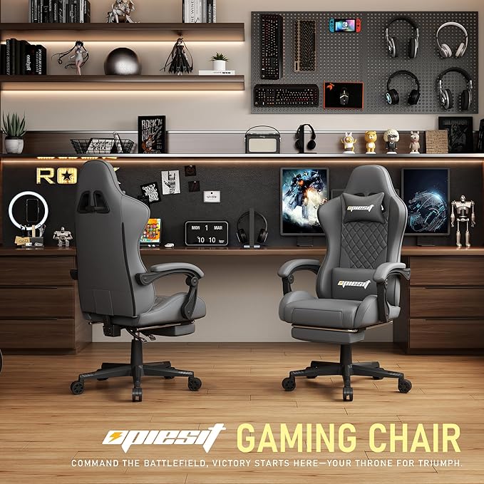 Gaming Chair Office Chair with Footrest, Height Adjustable, Ergonomic Computer Chairs with Pocket Spring Cushion, PU Leather,Video Game Chair 360° Swive,(PU-Grey)