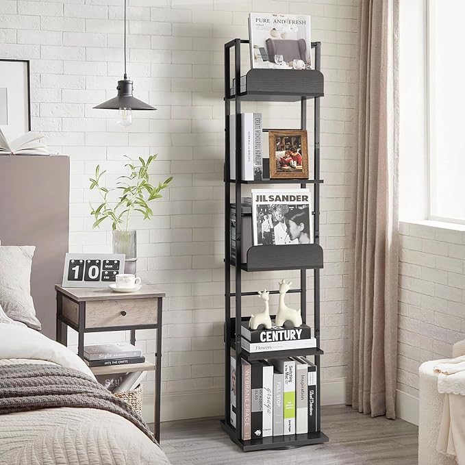 Bikoney Rotating Bookshelf, 5-Tier Bookshelves Tower for Corner, Small Narrow Bookcase, Tall Industrial Bookshelf, Wood and Metal Black