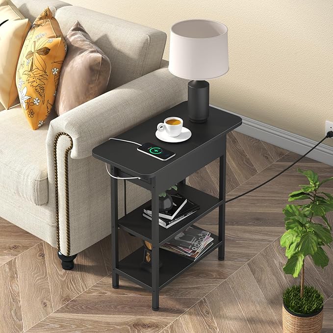 LIDYUK End Table with Charging Station, Set of 2 Flip Top Narrow Side Table for Small Spaces, Nightstands Set of 2 for Bedroom, End Tables Living Room with Storage Shelves, Black