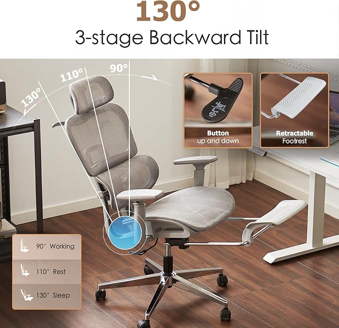 Ergonomic Mesh Office & Gaming Chair with Footrest, High Back Home Office Desk Chair, Comfortable Lumbar Support, 130° Tilt, Adjustable 3D Armrest & 2D Headrest (Grey)