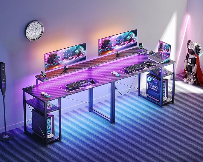 MOTPK 40 Inch Small Gaming Desk with Storage & Led Lights, Computer Desk with Power Outlet & Shelf, Reversible Gamer Desk with Adjustable Monitor Stand, Carbon Fiber Texture Black
