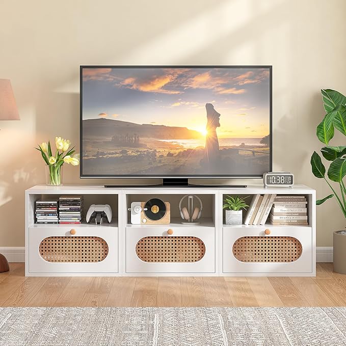 3-in-1 Modular TV Stand with Rattan Doors, DIY Media Console Boho Entertainment Center Modern TV Cabinet with Open Shelves,White