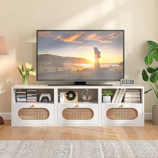 3-in-1 Modular TV Stand with Rattan Doors, DIY Media Console Boho Entertainment Center Modern TV Cabinet with Open Shelves,White