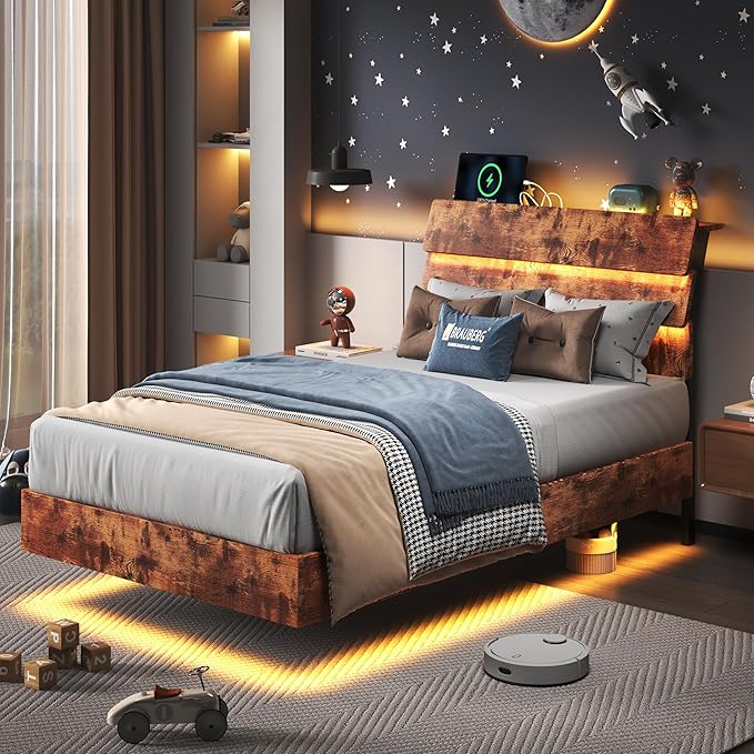 Feonase Twin Floating Bed Frame with Led Lights and Charging Station, Wood Twin Size Bed Frame with Storage Headboard, Heavy Duty Metal Slats, No Box Spring Needed, Easy Assembly, Vintage Brown
