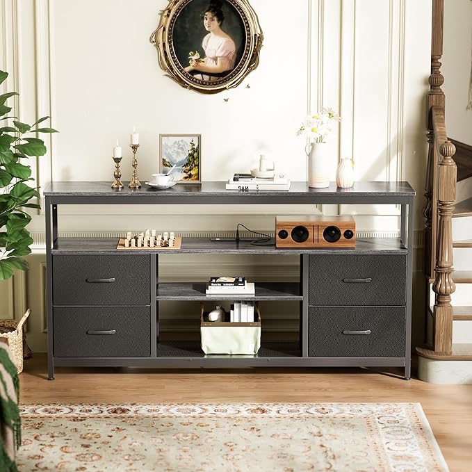Huuger TV Stand Dresser with Power Outlets and LED Lights, 4 Drawers Entertainment Center with Shelves, 54in Media Console for 55 60 Inch TV, Dresser with PU Finish, Grey and Black