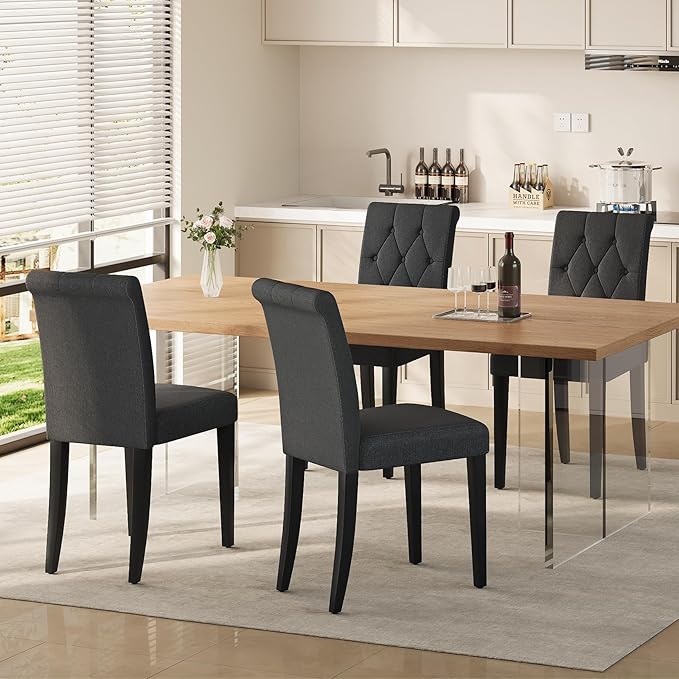 Upholstered Dining Chairs Set of 4, Button Tufted Parsons Dining Chair with Solid Wood Legs, Modern Fabric Side Chair for Dining Room/Kitchen/Restaurant/Hotel- Black
