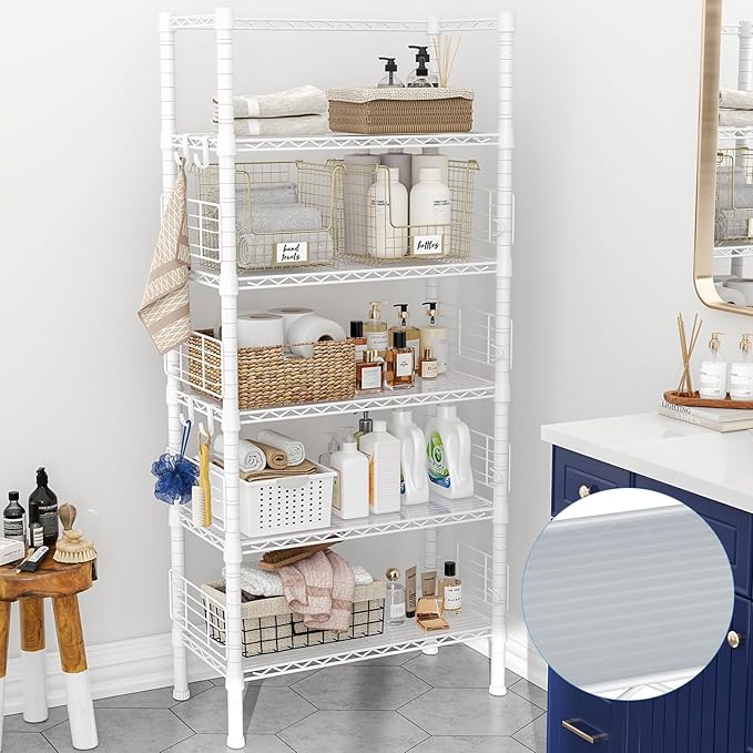 Metal Storage Rack, Storage Organizer Shelves for Kitchen, Bathroom, Living Room, Balcony and Garage, 5 Tiers Narrow Bookshelf, 21.2" W x 9.4" D x 59.2" H, Load 400lbs, White