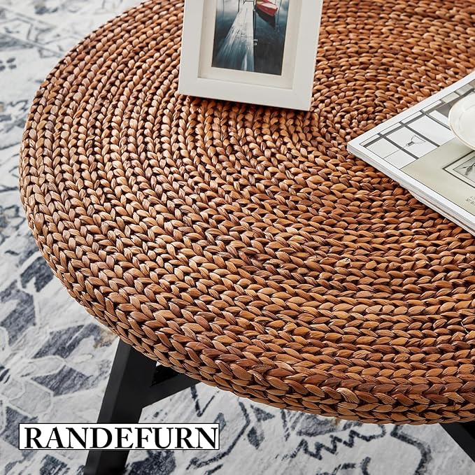 RANDEFURN Round Coffee Table, Seagrass Coffee Solid Pine Wood X Base Frame Cocktail Table, Easy Assembled, Multiple Sizes for Living Room, 32 x 17 Inches,Gold