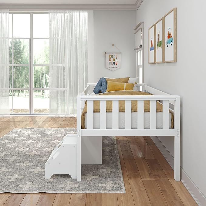 Max & Lily Soren Ultra Low Loft Bed, Twin Bed Frame for Kids with Bookcase, White