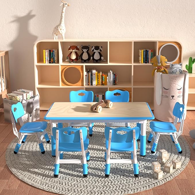 Kids Table and 6 Chairs Set，Height Adjustable Children Table & Chair，Toddlers Study Multi-Activity Table with 47.2"x23.6" Wipe-Clean Desktop，for Classrooms, Homes & Daycares
