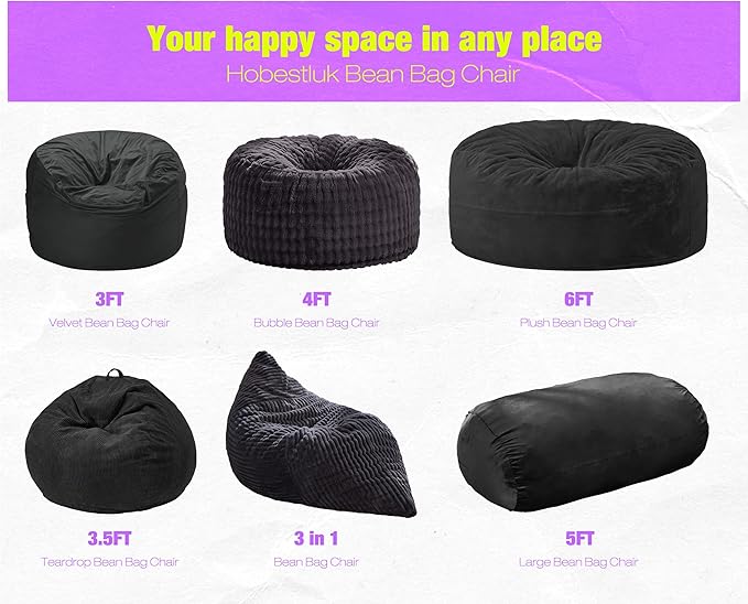 Hobestluk 5FT Bean Bag Chair Large Beanbag Lounger with Removable Cover Adult Bean Bag Chair with Portable Handle Desgin for Living Room Bedroom (Black, 5FT)
