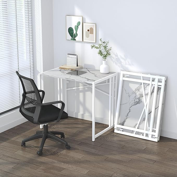 32 inch Folding Small Desk, Writing Gaming Computer Camping Desk for Small Spaces, No Assembly Required Home Office Desk, White Marble