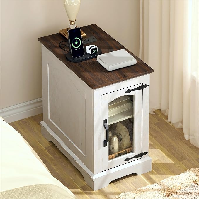 End Tables Set of 2 with Charging Station,13.8"W Narrow Side Table with Storage for Sofa Couch or Bed Side with Outlets & USB Ports, Farmhouse Nightstand with Glass Door for Bedroom Livingroom