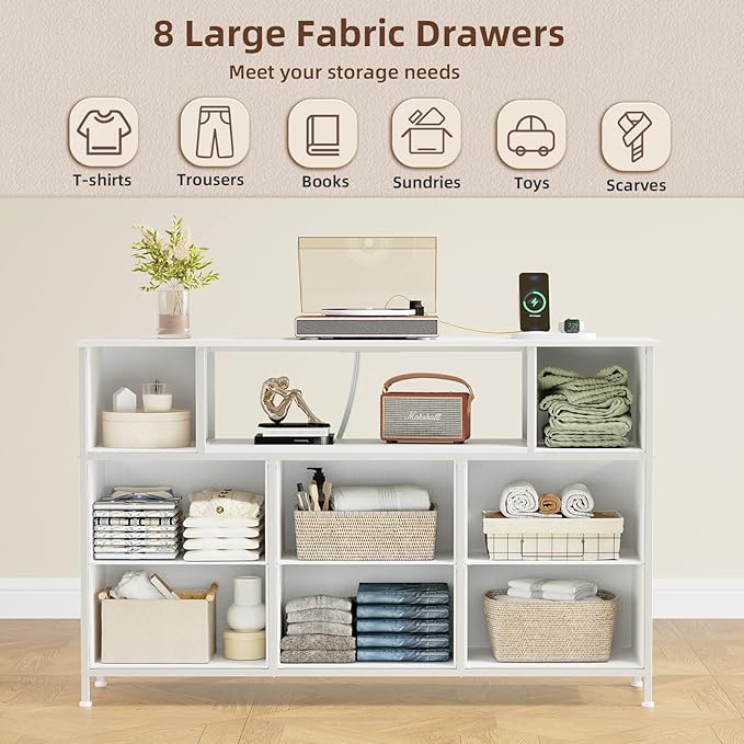 Somdot White TV Stand, Dresser for Bedroom for 55 inch TV with Charging Station and LED Lights, Media Console Table with 8 Drawers, Open Shelf, Adjustable Feet,Living Room Furniture