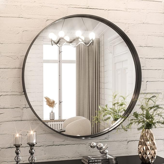 TokeShimi Round Black Mirror 24 Inch for Wall Decor Black Circle Bathroom Mirror with Non-Rusting Aluminum Alloy Brushed Matte Metal Frame for Modern Minimalist Farmhouse Home Decor