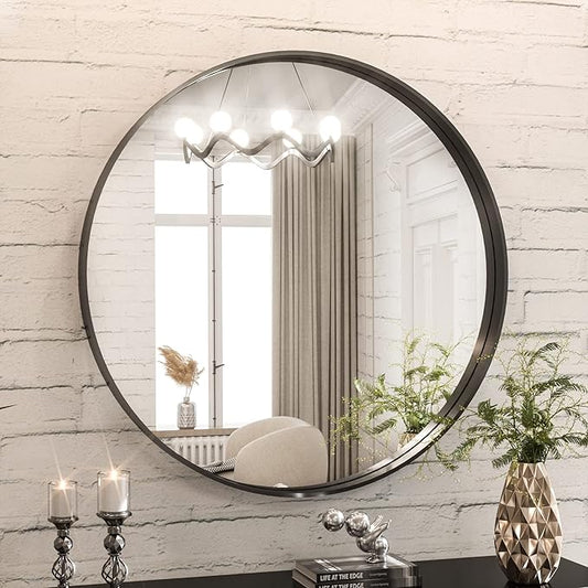 TokeShimi Round Black Mirror 24 Inch for Wall Decor Black Circle Bathroom Mirror with Non-Rusting Aluminum Alloy Brushed Matte Metal Frame for Modern Minimalist Farmhouse Home Decor