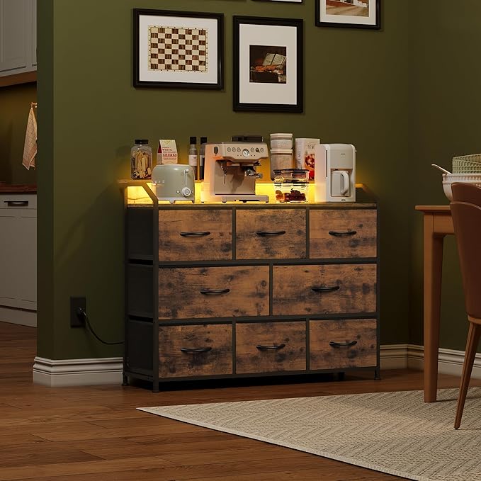 WLIVE Led Dresser for Bedroom, TV Stand for Bedroom with LED Lights and Power Outlet, Wide Chest of Drawers for Hallway, 8 Fabric Drawers for Living Room and Entryway, Rustic Brown