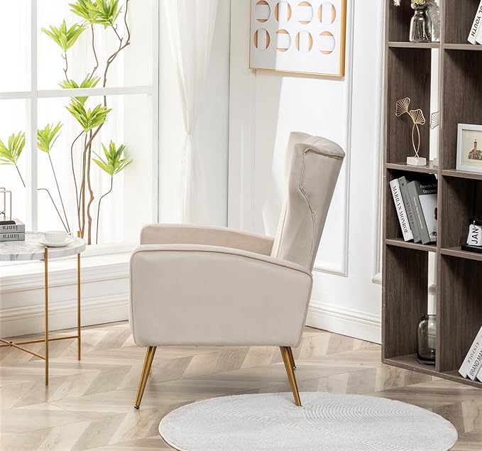 Container Furniture Direct Modern Velvet Accent Chair, Channel Tufted Bedroom, Office or Living Room Furniture with Elegant Metal Legs, 26" Wide Armchair, Beige