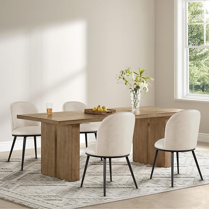 Dining Chairs Set of 6, Faux Leather Upholstered Dining Room Chairs with Ergonomic Backrest & Metal Legs, Modern Kitchen Side Chairs for Home, Restaurant, and Café, Beige, 2 Boxs