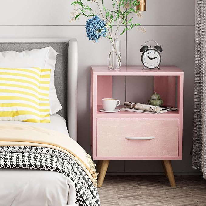 Night Stand, Pink Kids Nightstand with Drawer, Nursery Side Table with Open Storage, 2-Tier Modern End Table, Bedside Table for Small Space, Living Room, Bedroom