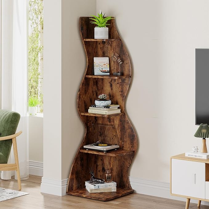 Tribesigns Corner Shelf, Rustic 5-Tier Wall Corner Bookshelf, Stylish Corner Small Bookcase Storage Rack Plant Stand with Unique Shape for Living Room, Home Office (1PC, Brown)