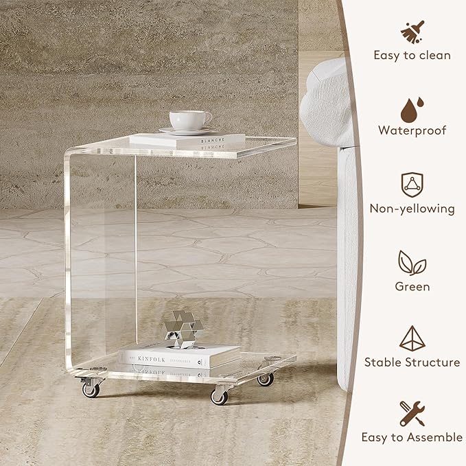 Modern Acrylic Side Table, C-Shaped Sofa Table Nightstand with Storage and Lockable Wheels for Living Room, Bedroom, Office, Bedside, Couch, 13.38" D x 14.17" W x 21.65" H