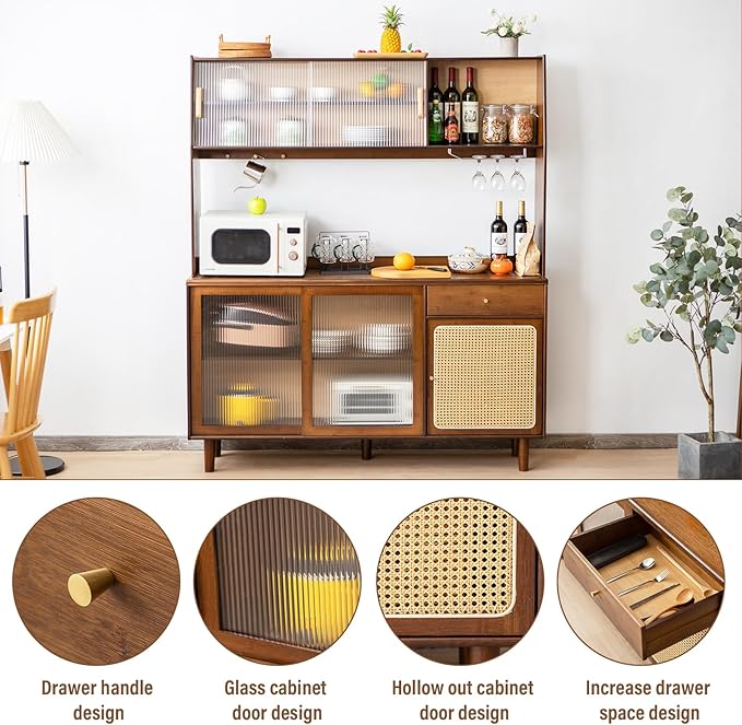 Tiita Kitchen Hutch with Countertop, 69” Rattan Solid Wood Pantry Cabinet with Hutch, Boho Bamboo Sideboard Buffet Cabinet, Boho Entryway Table for Living Room, Home Bar, Hallway, Walnut