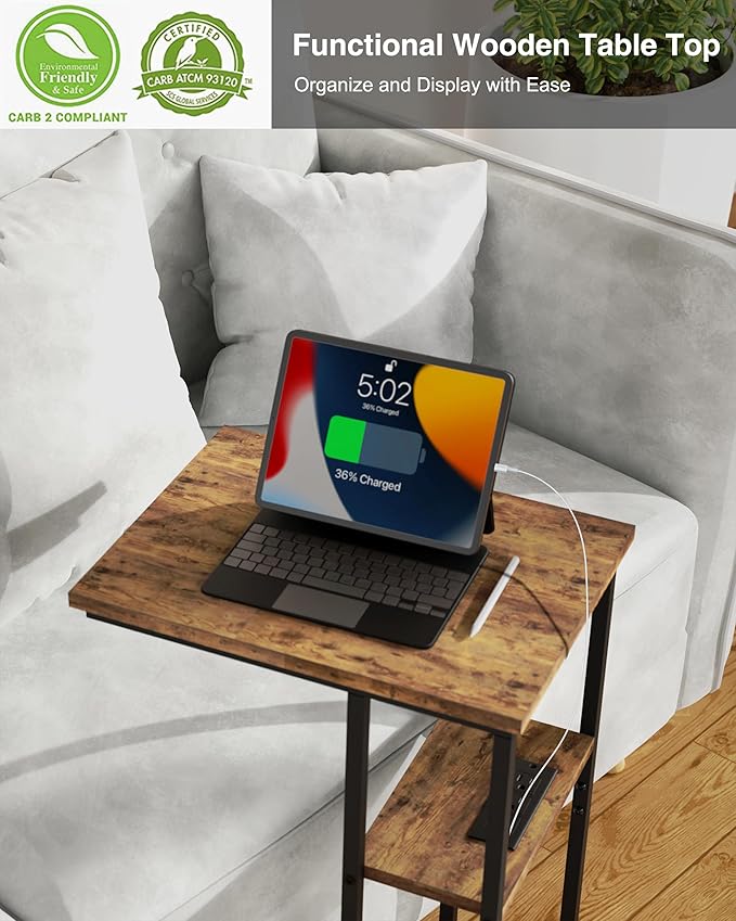 Innerjoin Side Table with Charging Station Set of 2, C Shaped End Table with LED Light Strip, Fast Charge Type C & USB Ports, Small Sofa Snack Laptop Side Table for Living Room Bedroom, Rustic Brown