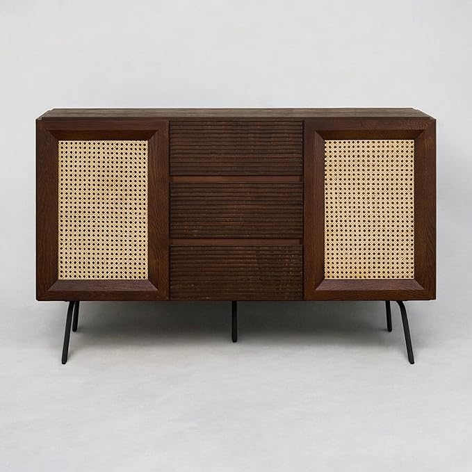 NTC MOSSIC Sideboard with 2 Doors and 3 Drawers, Buffet Cabinet with Natural Rattan and Metal Legs, Modern Storage Cabinet for Living Room, and Hallway, Effortless Assembly - Dark Walnut