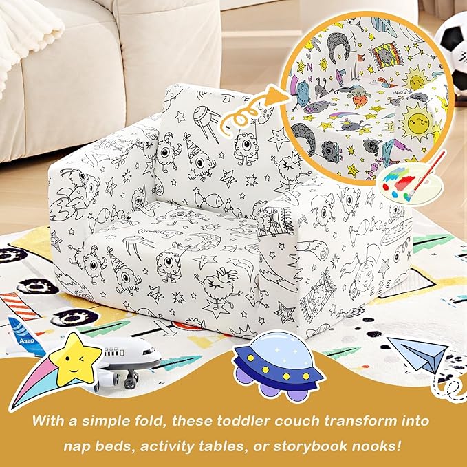 Tiita Kids Sofa Couch, Convertible Children Couch to Lounger, Toddler Comfy Sofa with Cute Graffiti Pattern Design for Girls and Boys, Graffiti