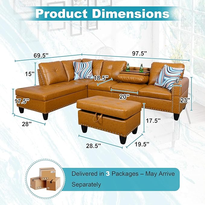 97.5" Oversized Sectional Couch, L Shaped Couch with Storage Ottoman, Modern Modular Sofa with Deep Seat, Sectional Couches for Living Room and Office, Ginger (PU Leather)
