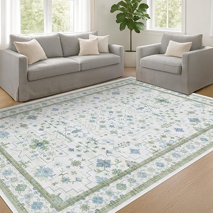Cream Oushak 7x9 Bedroom Rug - Boho Floral Cool Blue and Green, Washable Low Pile Non-Slip Ultra-Thin Large Area Rugs for Playroom, Bed Room, Living Room