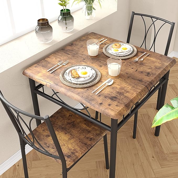 CABIHOME Dining Table Set for 2, 3 Piece Kitchen Table Set for 2, Square Kitchen Table Set of 2, Dining Table Set for Small Space, Apartment, Dining Room, Retro Brown