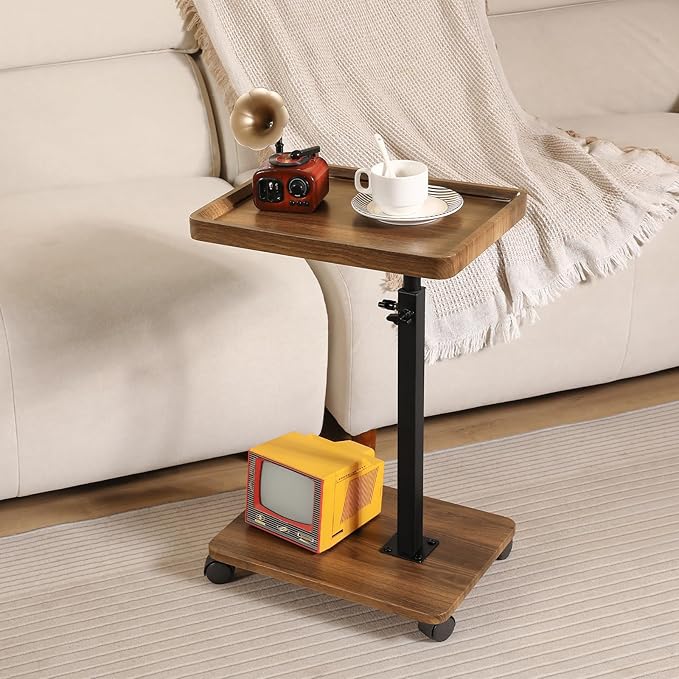 Adjustable Height Couch Tables That Slide Under Sofa, 360° Swivel Modern Tv Tray Table with Wheel, C Shaped End Table for Couch, C Table for Small Place, Perfect for Livingroom, Bedroom